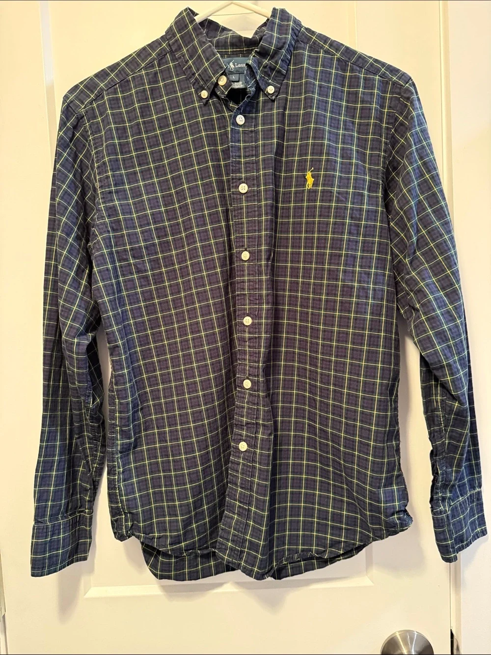 Ralph Lauren Boys Navy Plaid Button-Down Shirt Size L